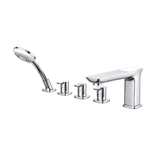 Chrome five-piece tub faucet with wide flat angular spout, three square lever valves and hand shower — SANIKB DL-08 303-CP