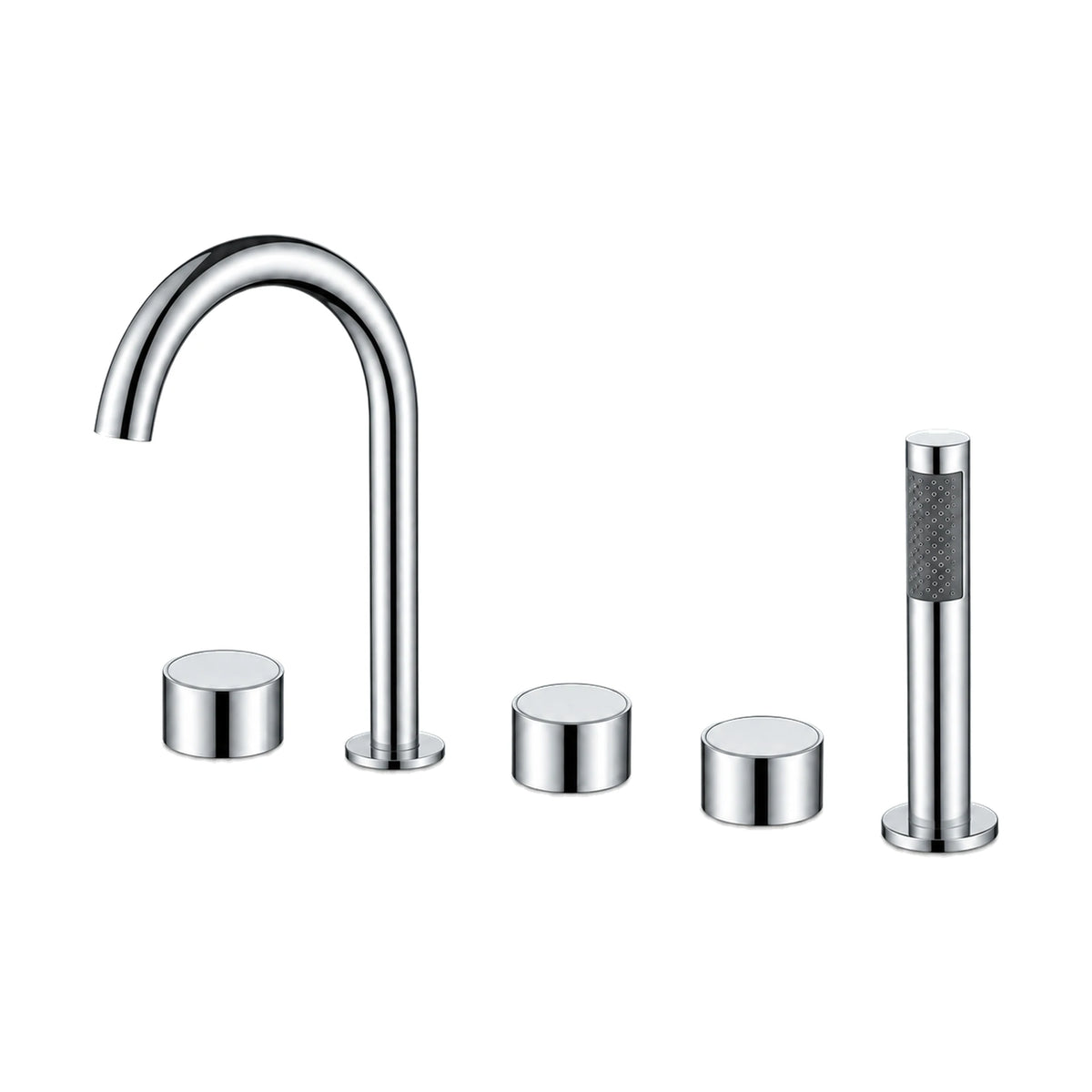 Chrome five-piece tub faucet with C-gooseneck spout, three low disc knobs and knurled stick hand shower — SANIKB DL-08 314-CP
