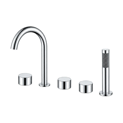 Chrome five-piece tub faucet with C-gooseneck spout, three low disc knobs and knurled stick hand shower — SANIKB DL-08 314-CP