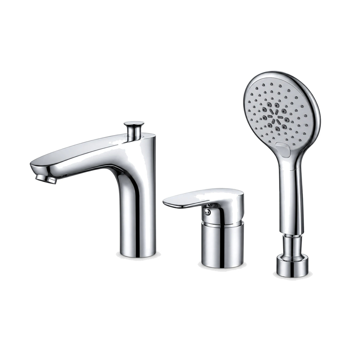 Chrome three-piece tub faucet with curved spout, pull-up diverter knob, single-lever mixer and hand shower — SANIKB DL-08 317-CP