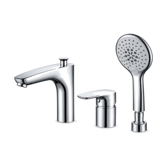 Chrome three-piece tub faucet with curved spout, pull-up diverter knob, single-lever mixer and hand shower — SANIKB DL-08 317-CP