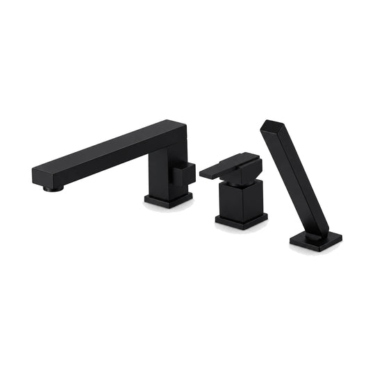 Matte Black — Square 3-piece deck mount tub faucet with flat square spout, square single-lever valve and square handheld — SANIKB SB567 12 31 1