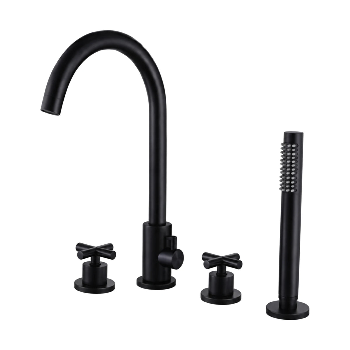Matte black 4-hole tub faucet with C-gooseneck spout, side diverter, two cross handles and stick handheld — SANIKB SB572 12 31 1