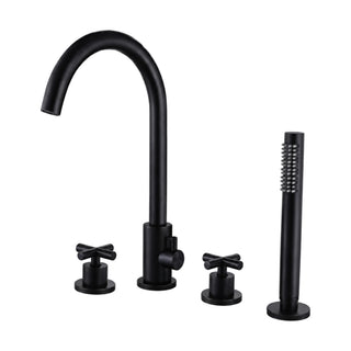 Matte black 4-hole tub faucet with C-gooseneck spout, side diverter, two cross handles and stick handheld — SANIKB SB572 12 31 1
