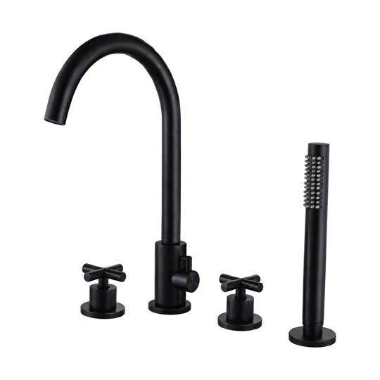 Matte black 4-hole tub faucet with C-gooseneck spout, side diverter, two cross handles and stick handheld — SANIKB SB572 12 31 1