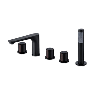 Matte black five-piece tub faucet with low curved flat spout, three cylindrical knobs and stick hand shower — SANIKB DL-08 311-BK