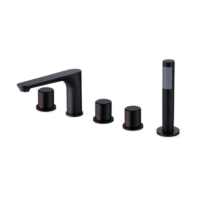 Matte black five-piece tub faucet with low curved flat spout, three cylindrical knobs and stick hand shower — SANIKB DL-08 311-BK