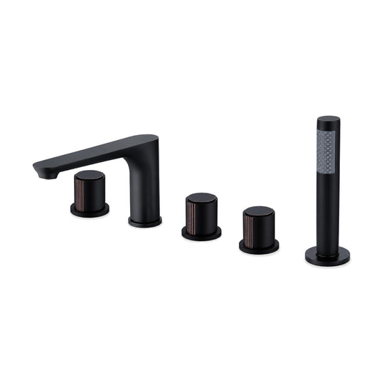 Matte black five-piece tub faucet with low curved flat spout, three cylindrical knobs and stick hand shower — SANIKB DL-08 311-BK