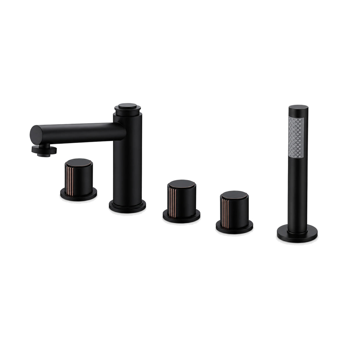 Matte black five-piece tub faucet with tall cylinder spout, three cylindrical knobs and stick hand shower — SANIKB DL-08 312-BK