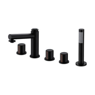 Matte black five-piece tub faucet with tall cylinder spout, three cylindrical knobs and stick hand shower — SANIKB DL-08 312-BK