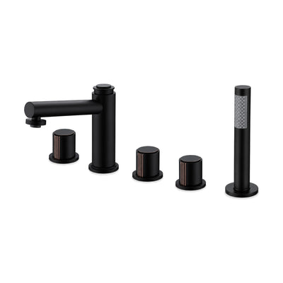 Matte black five-piece tub faucet with tall cylinder spout, three cylindrical knobs and stick hand shower — SANIKB DL-08 312-BK