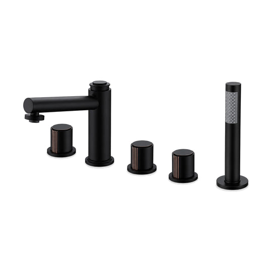 Matte black five-piece tub faucet with tall cylinder spout, three cylindrical knobs and stick hand shower — SANIKB DL-08 312-BK
