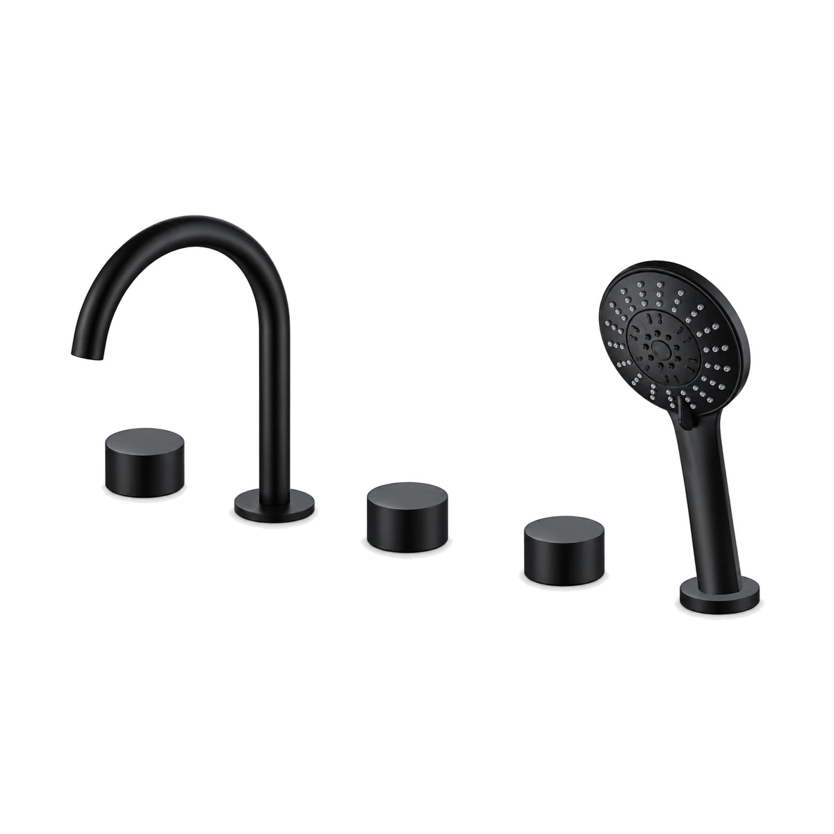 Matte black five-piece tub faucet with C-shaped gooseneck spout, three low disc knobs and round hand shower — SANIKB DL-08 313-BK