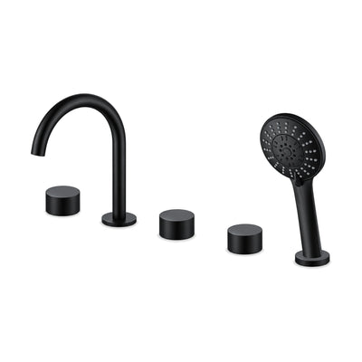 Matte black five-piece tub faucet with C-shaped gooseneck spout, three low disc knobs and round hand shower — SANIKB DL-08 313-BK