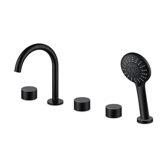 Matte black five-piece tub faucet with C-shaped gooseneck spout, three low disc knobs and round hand shower — SANIKB DL-08 313-BK
