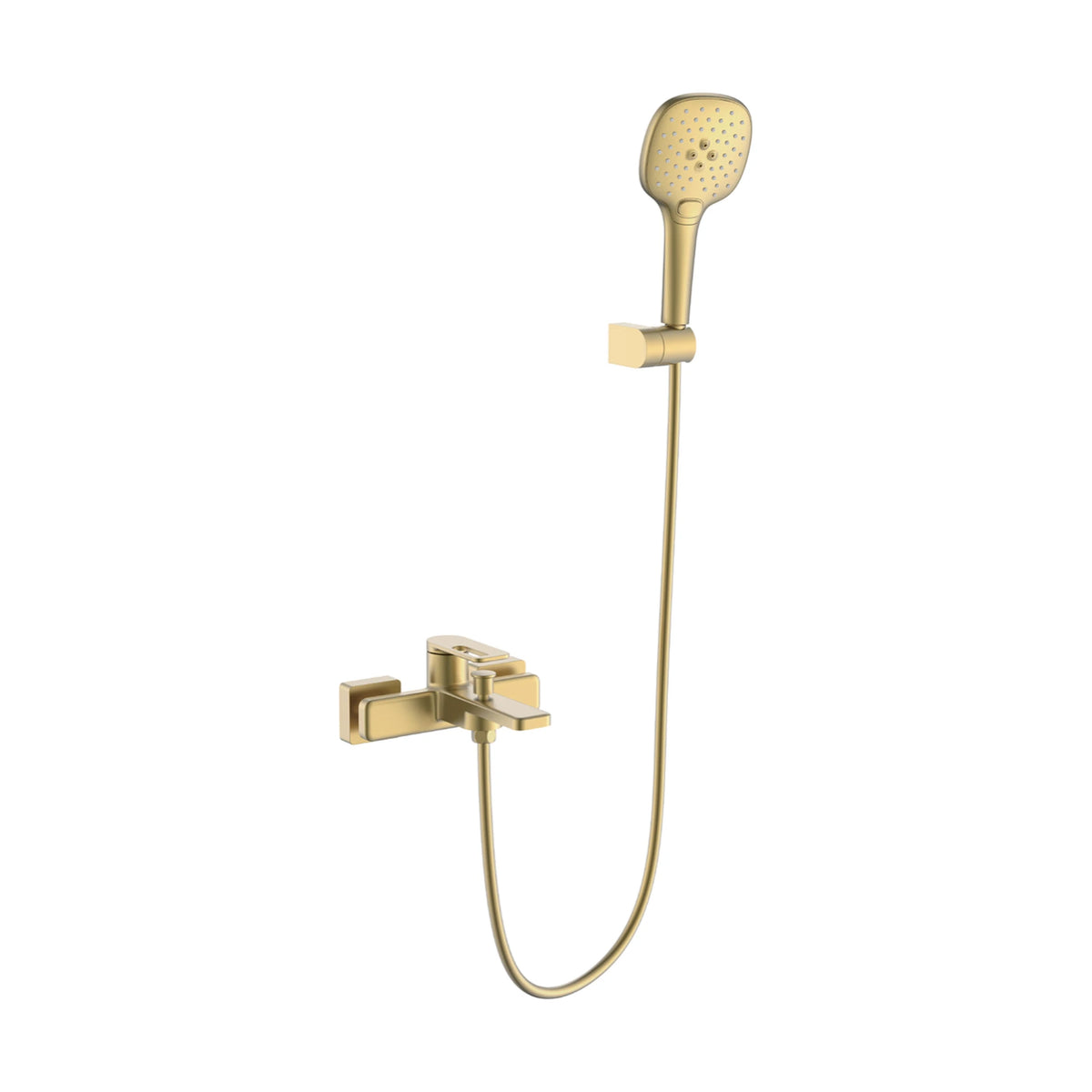 Brushed gold square-section wall bath mixer with flat rectangular spout, top lever and square-face handheld — SANIKB DL-08 246-LSJ