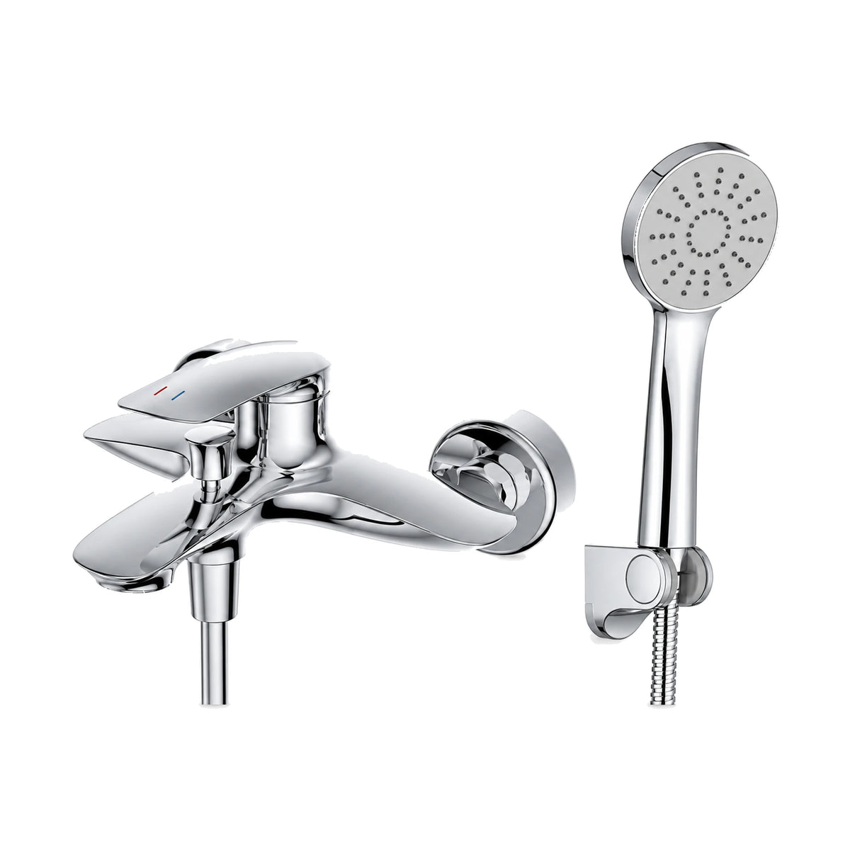 Matte black curved wall bath mixer with swept paddle lever, flat tub spout and round hand shower on bracket — SANIKB DL-08 080-CP