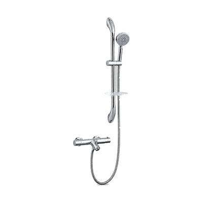 Chrome bar mixer with tub spout, two end handles, slide rail, soap dish and round multi-function handheld — SANIKB DL-08 142-CP