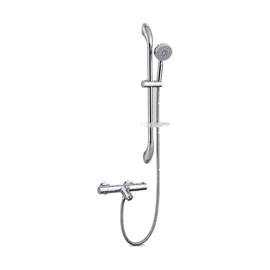 Chrome bar mixer with tub spout, two end handles, slide rail, soap dish and round multi-function handheld — SANIKB DL-08 142-CP