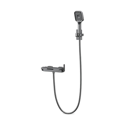 Gun metal grey shelf-top wall mixer with slot waterfall outlet, upright blade lever and square hand shower — SANIKB DL-08 238-QH