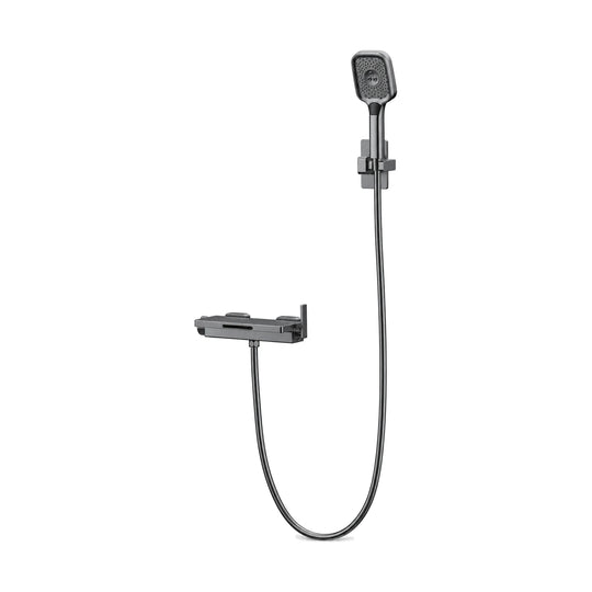 Gun metal grey shelf-top wall mixer with slot waterfall outlet, upright blade lever and square hand shower — SANIKB DL-08 238-QH