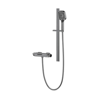 Gun metal grey shelf-top wall mixer with slot waterfall outlet, round knob and hand shower on slide rail — SANIKB DL-08 239-QH