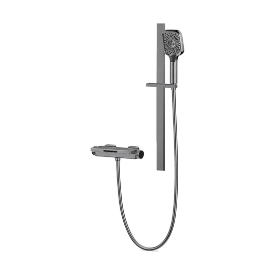 Gun metal grey shelf-top wall mixer with slot waterfall outlet, round knob and hand shower on slide rail — SANIKB DL-08 239-QH