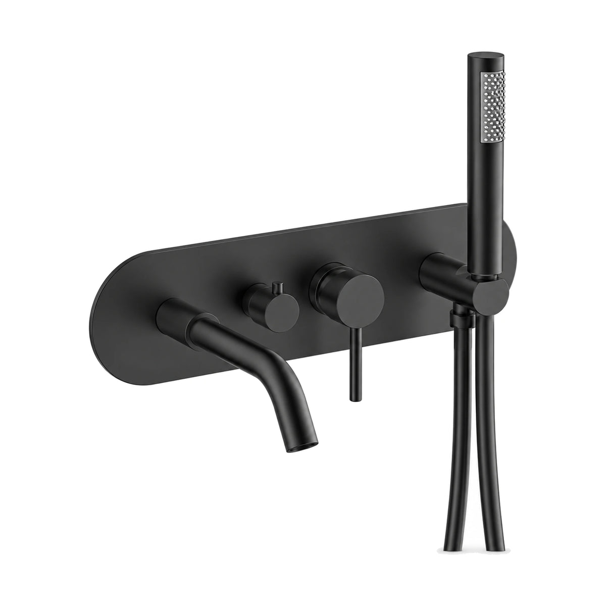 Matte black tub and shower faucet set with oval wall backplate, curved tube spout and stick handheld — SANIKB SO596B 12 31 1