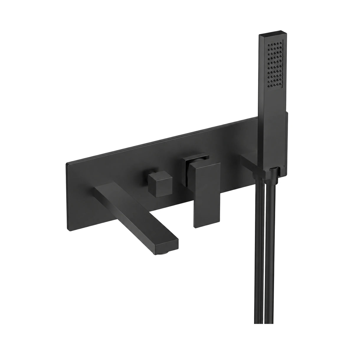 Matte black tub and shower set with long rectangular backplate, flat spout, square lever and stick handheld — SANIKB SO596A 12 31 1