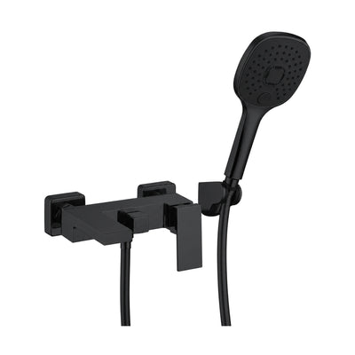 Matte Black — Matte black square wall bath mixer with short square tub spout, flat blade lever and handheld on holder — SANIKB DL-08 250-BK