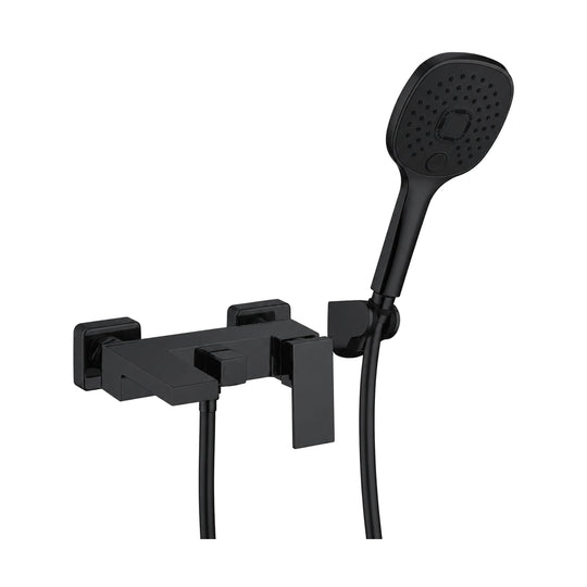 Matte Black — Matte black square wall bath mixer with short square tub spout, flat blade lever and handheld on holder — SANIKB DL-08 250-BK