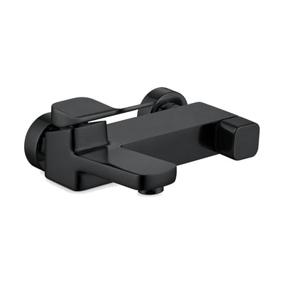 Matte Black — Matte black rectangular wall bath mixer with angled flat paddle lever, square block knob and short spout — SANIKB DL-08 211-BK