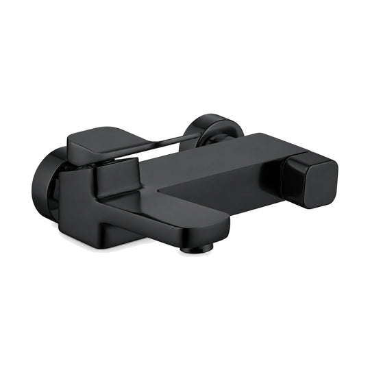 Matte Black — Matte black rectangular wall bath mixer with angled flat paddle lever, square block knob and short spout — SANIKB DL-08 211-BK