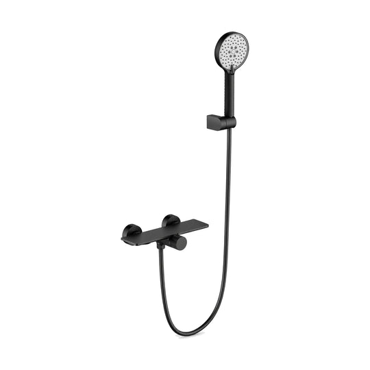 Matte Black — Exposed bar mixer with flat shelf top, knurled knob and round handheld on wall holder, in four finishes — SANIKB DL-08 247-BK