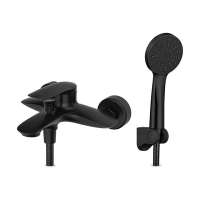 Matte Black — Matte black curved wall bath mixer with swept paddle lever, flat tub spout and round hand shower on bracket — SANIKB DL-08 080-BK