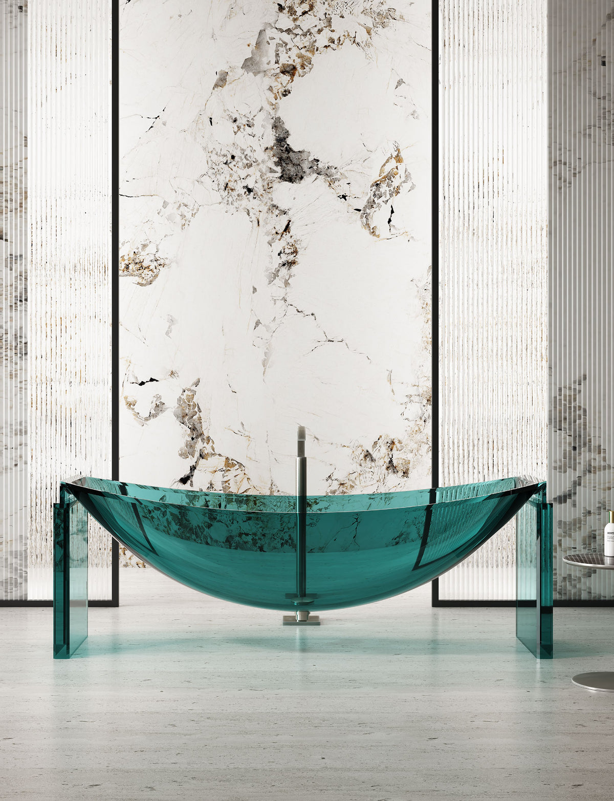 Turquoise Curved Transparent Bathtub on Slim End Supports; original factory model TW-8996T-2 complete product view