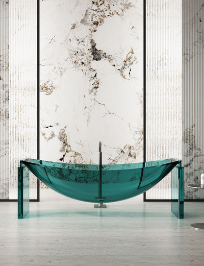 Turquoise Curved Transparent Bathtub on Slim End Supports; original factory model TW-8996T-2 complete product view