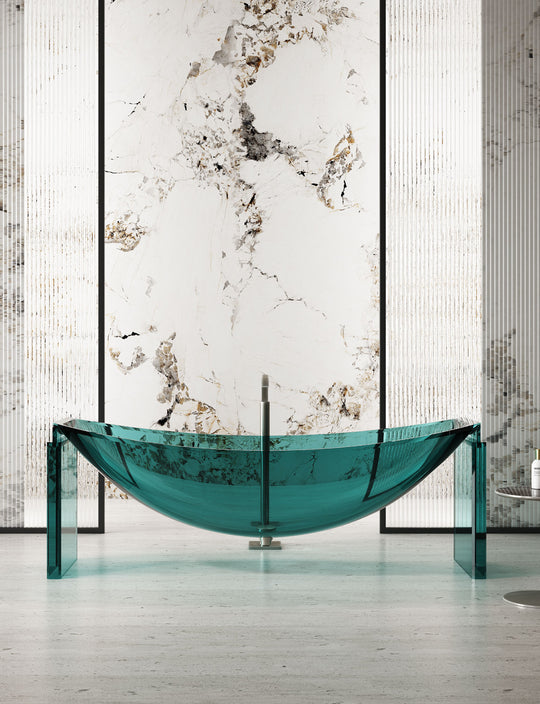 Turquoise Curved Transparent Bathtub on Slim End Supports; original factory model TW-8996T-2 complete product view