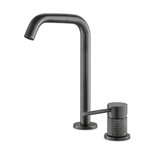 Gun metal grey two-piece deck faucet: tall right-angle bent spout and ribbed side valve with pin lever — SANIKB B064 29 45 1
