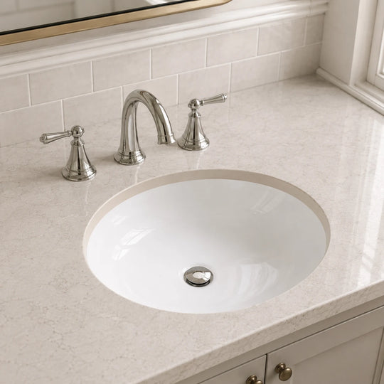 Undermount bathroom sink installed in a styled bathroom — lifestyle scene, SANIKB SN001.