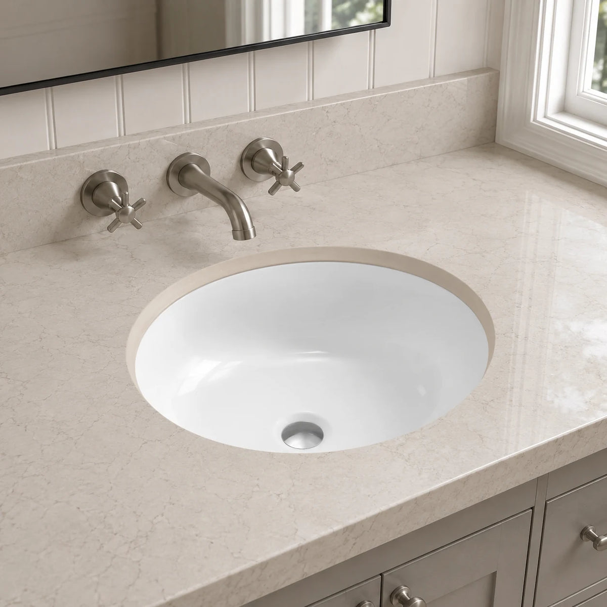 Undermount bathroom sink installed in a styled bathroom — lifestyle scene, SANIKB SN005.