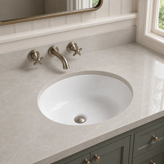 Undermount bathroom sink installed in a styled bathroom — lifestyle scene, SANIKB SN007.