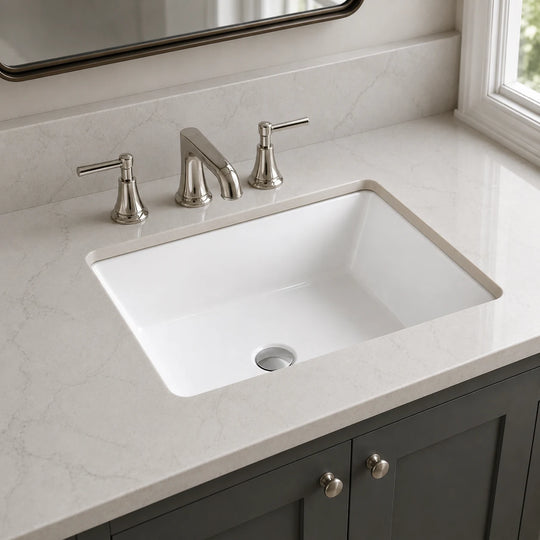 Undermount bathroom sink installed in a styled bathroom — lifestyle scene, SANIKB SN012.