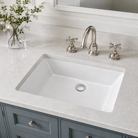 Undermount bathroom sink installed in a styled bathroom — lifestyle scene, SANIKB SN016.