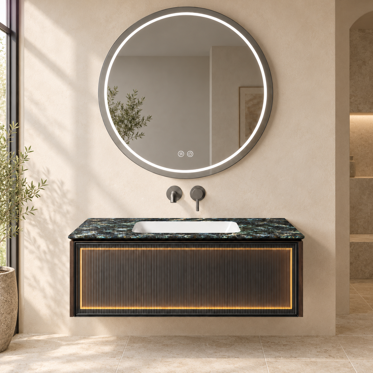 SANIKB NB-3010-100 vanity cabinet, basin and matching mirror in a calm illustrative bathroom setting