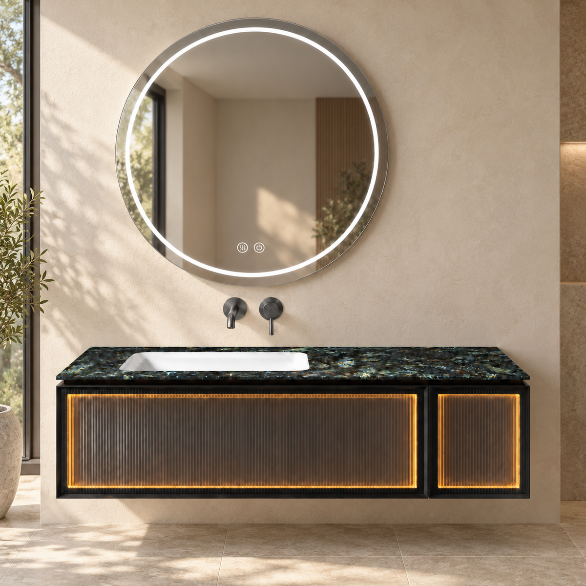 SANIKB NB-3010-120 vanity cabinet, basin and matching mirror in a calm illustrative bathroom setting