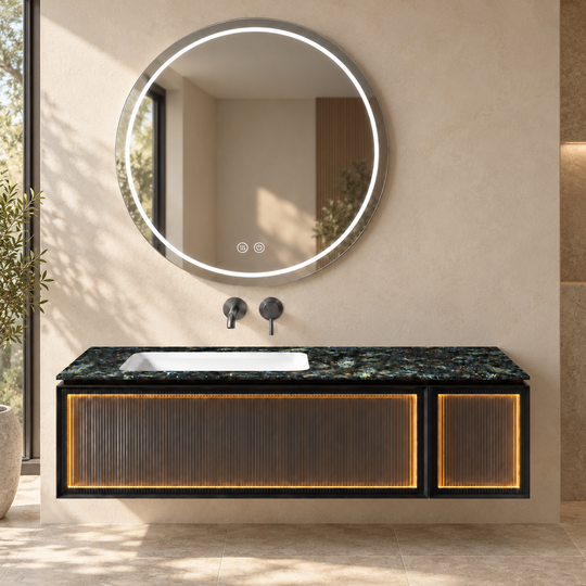 SANIKB NB-3010-120 vanity cabinet, basin and matching mirror in a calm illustrative bathroom setting