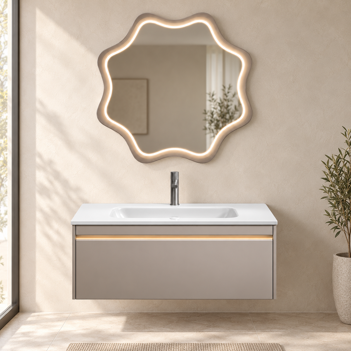 SANIKB NB-3011-110 vanity cabinet, basin and matching mirror in a calm illustrative bathroom setting