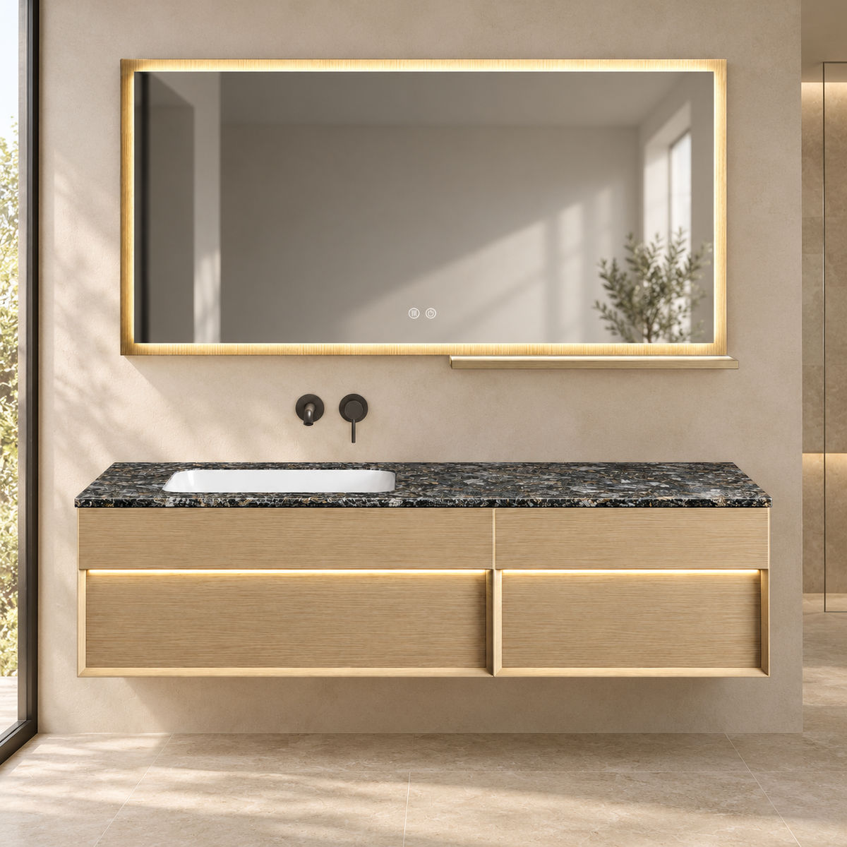 SANIKB NB-3012-160 vanity cabinet, basin and matching mirror in a calm illustrative bathroom setting