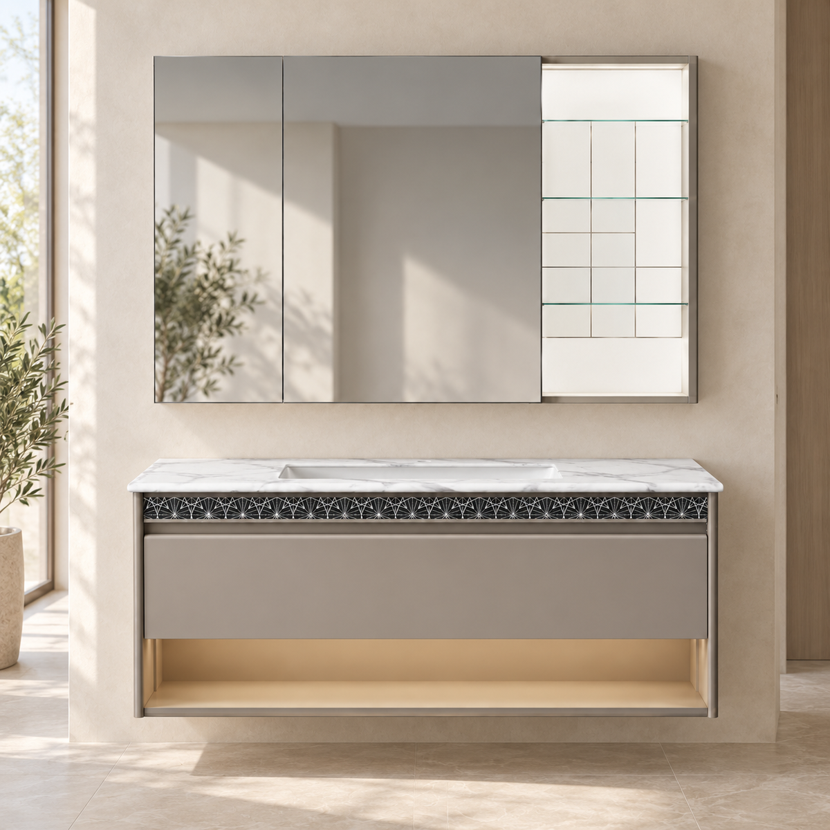 SANIKB NB-3026-100 vanity cabinet, basin and matching mirror in a calm illustrative bathroom setting
